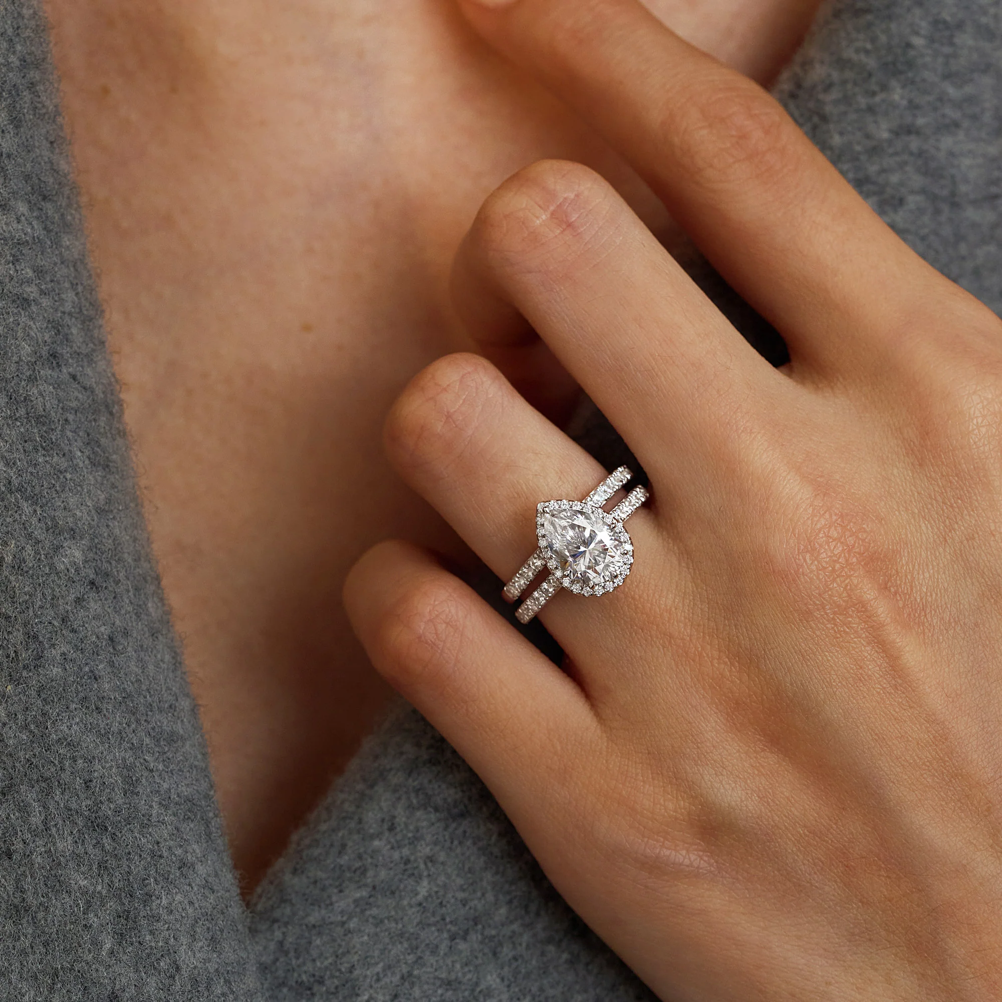 Pear Shaped Teardrop Moissanite Halo Pave Bridal Set - Image 13
