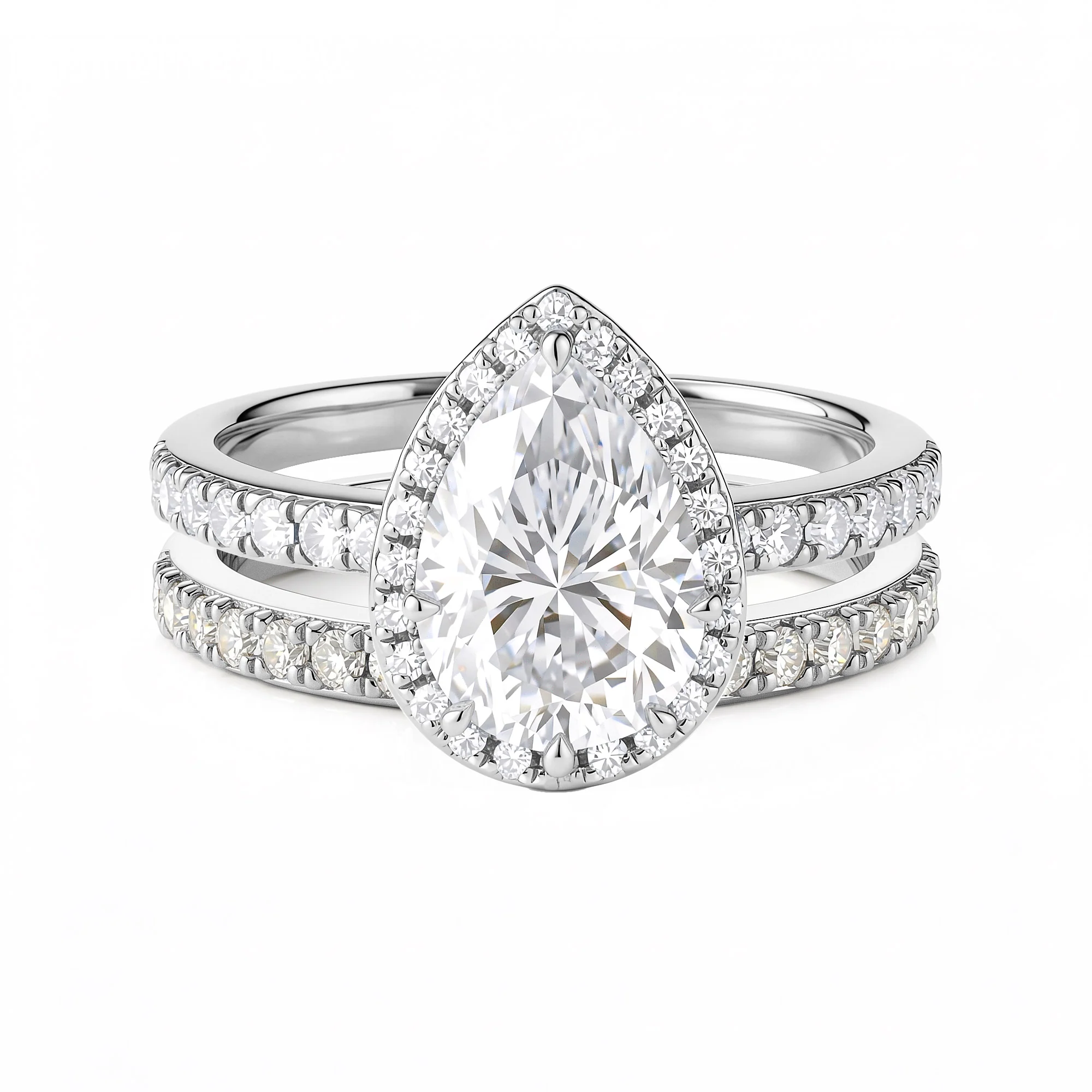Pear Shaped Teardrop Moissanite Halo Pave Bridal Set - Image 3