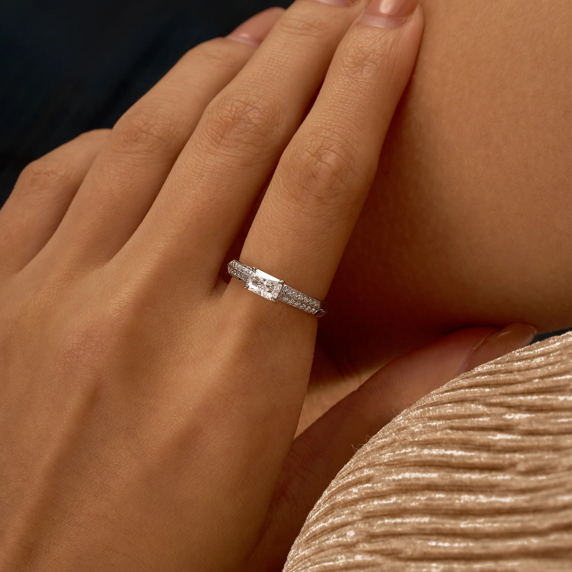 Radiant Moissanite Engagement Ring with Double Row Pave - Image 10