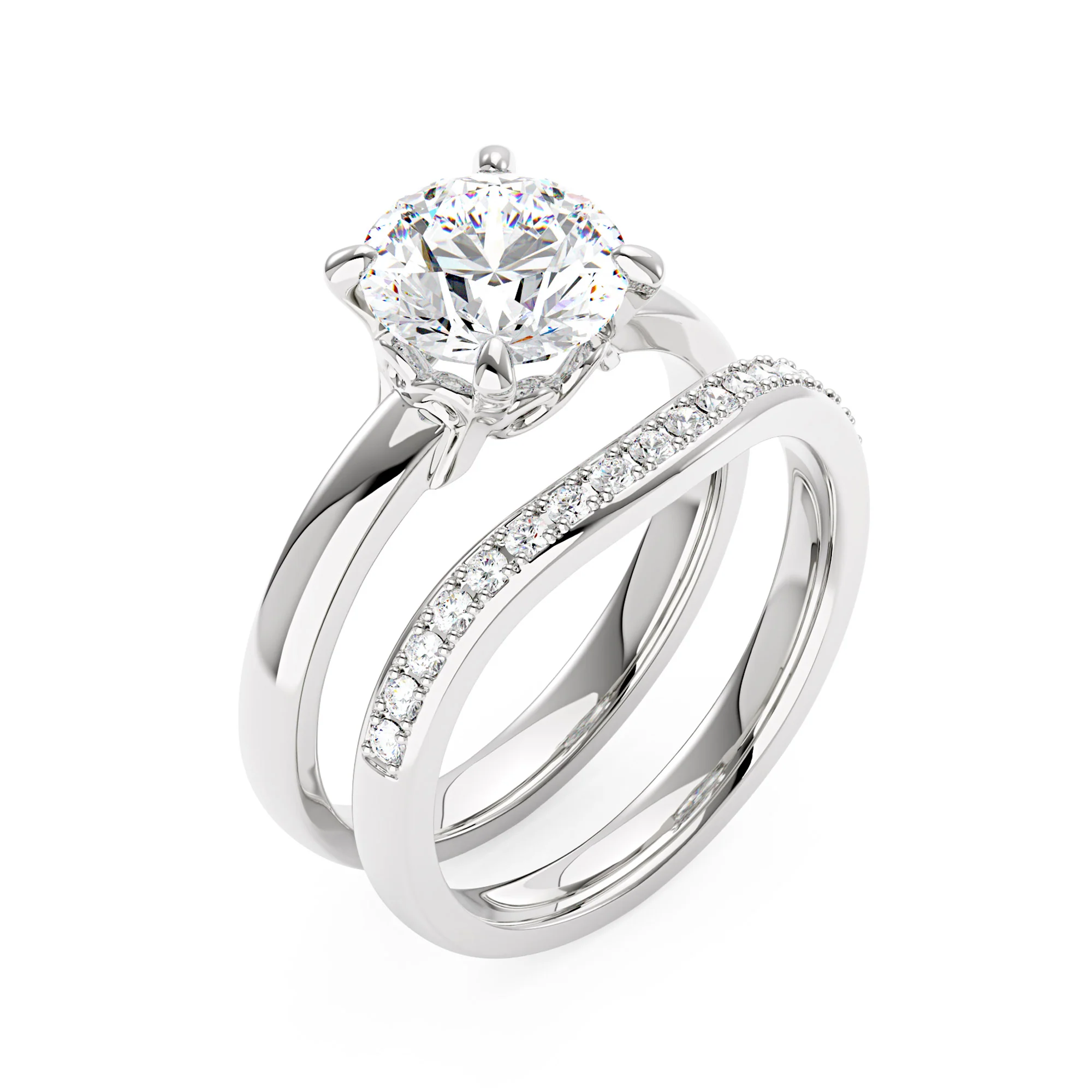 Round Cut Moissanite Solitaire Ring and Curved Band Set - Image 3