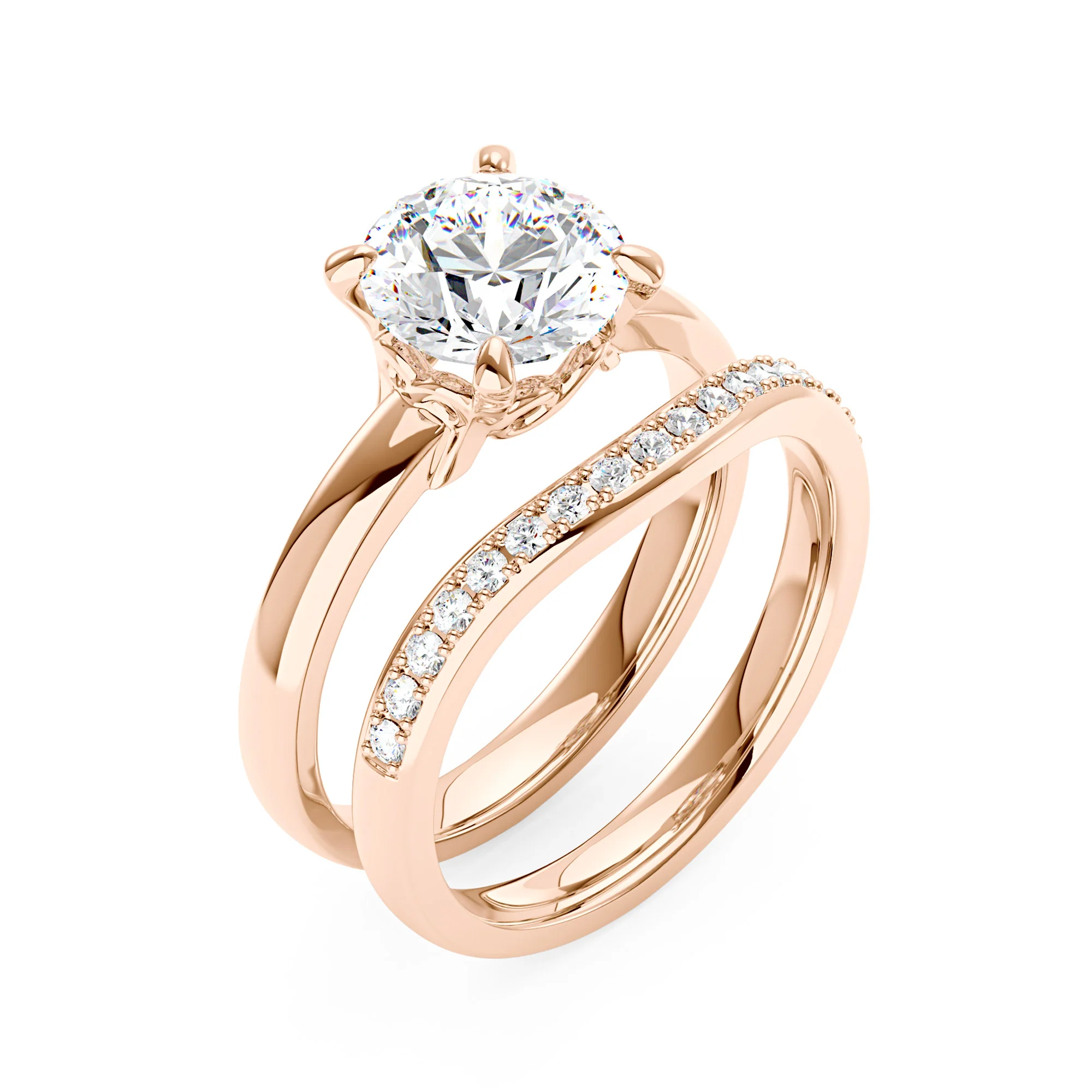 Round Cut Moissanite Solitaire Ring and Curved Band Set - Image 9