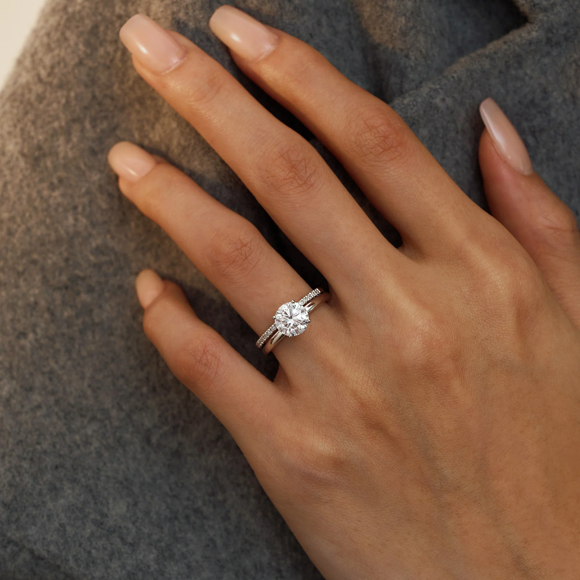 Round Cut Moissanite Solitaire Ring Pave Band Set - Image 11