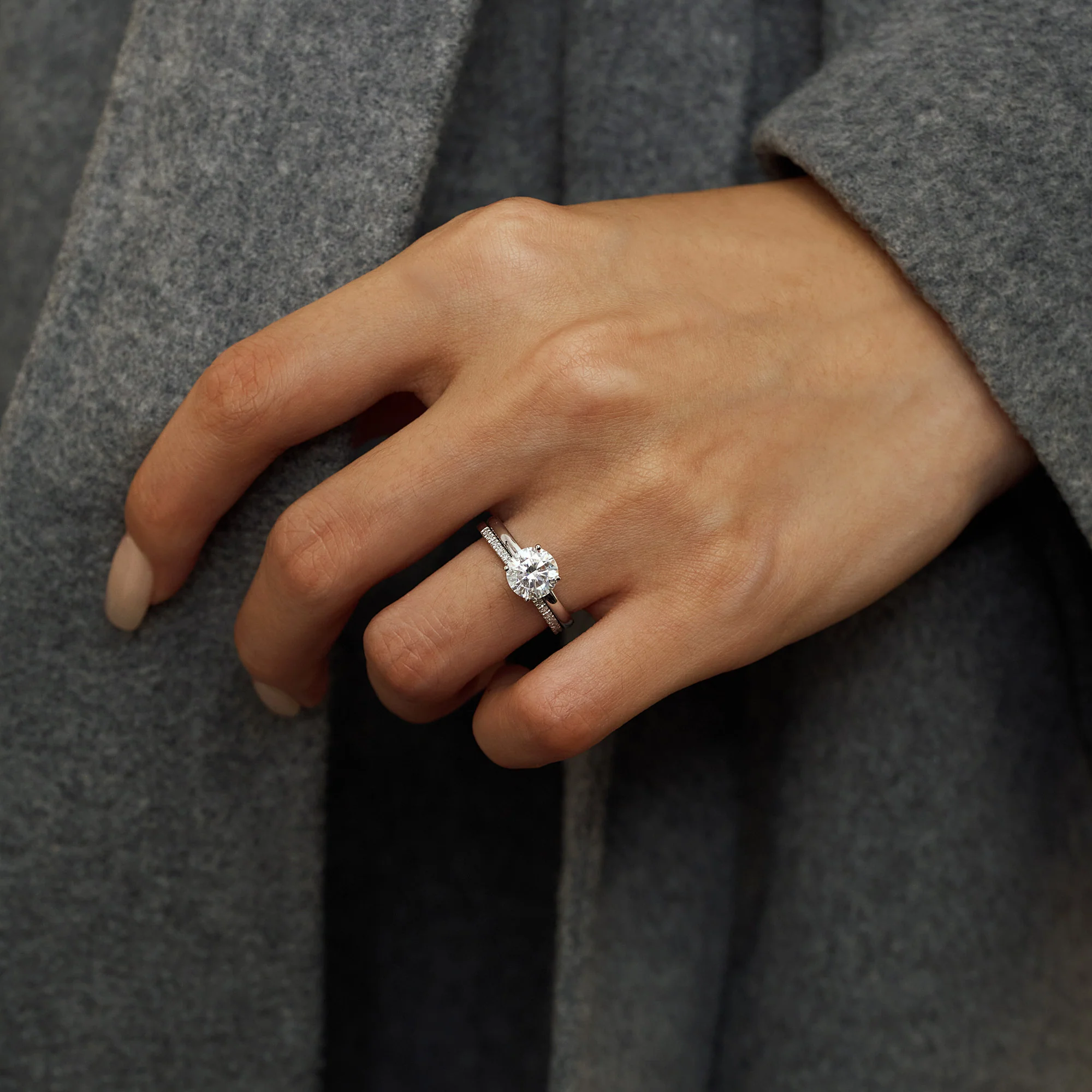 Round Cut Moissanite Solitaire Ring Pave Band Set - Image 12