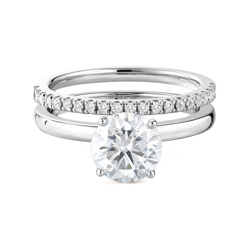 Round Cut Moissanite Solitaire Ring Pave Band Set - Image 3