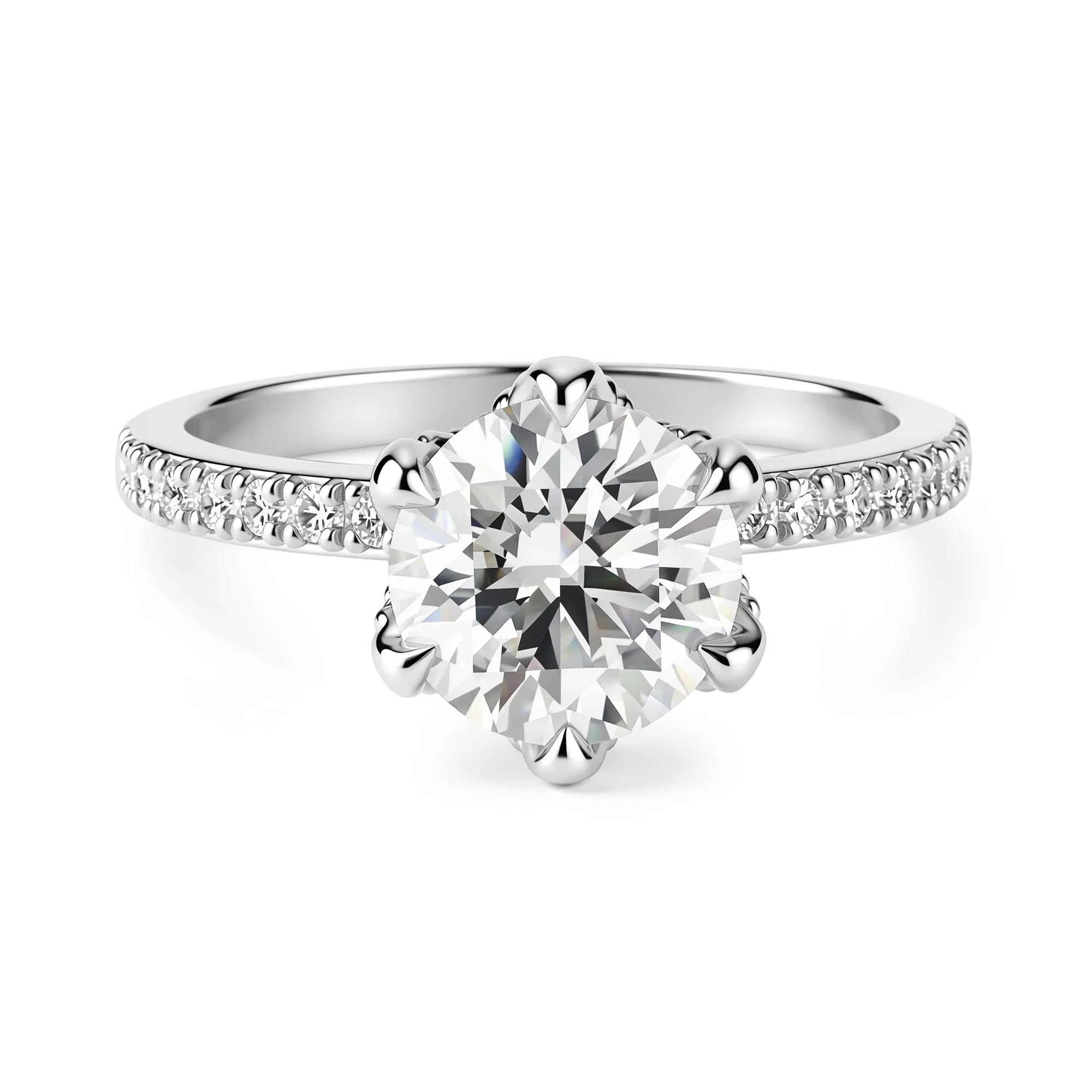 Round Moissanite Accents Engagement Ring With Eternity Pave Band