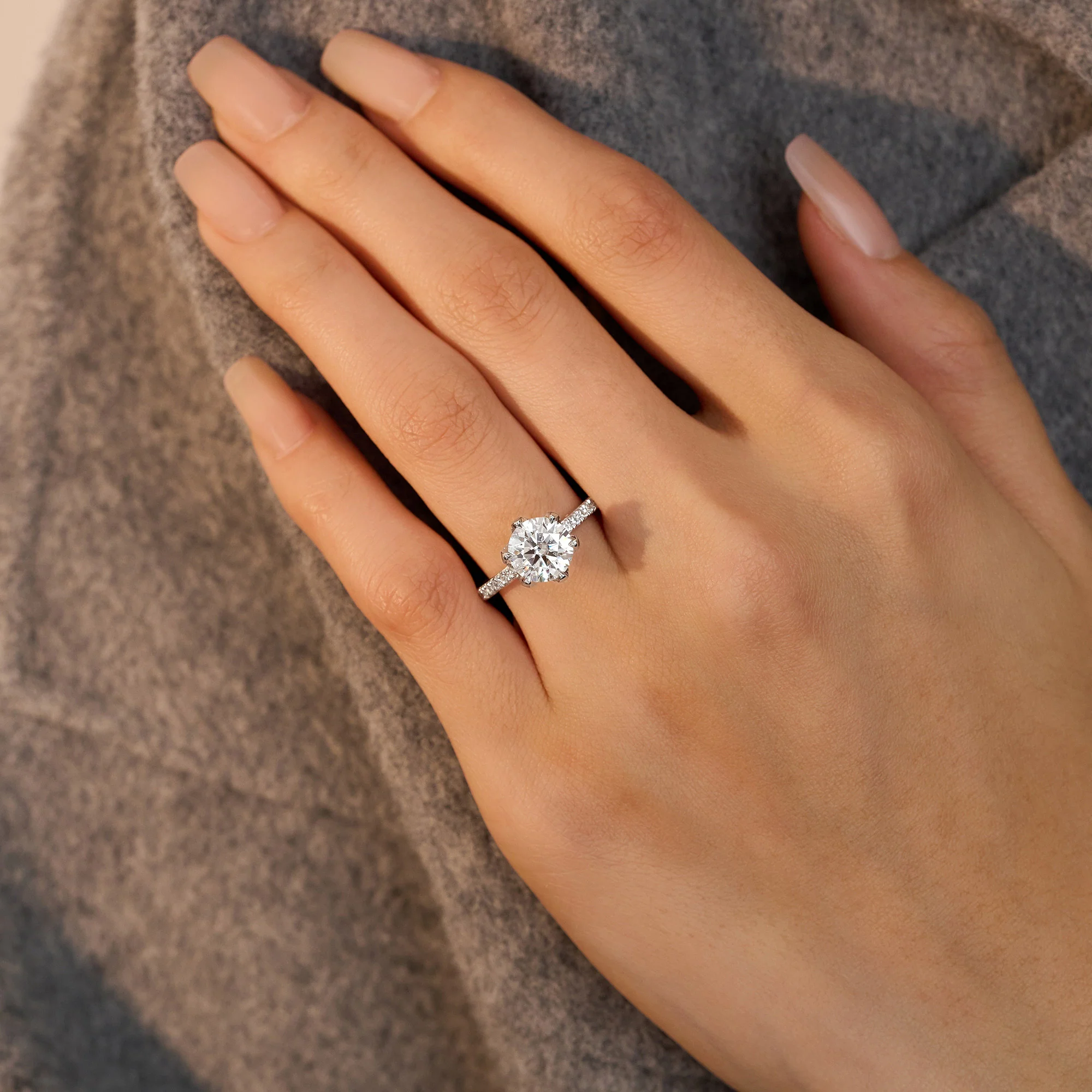 Round Moissanite Accents Engagement Ring With Eternity Pave Band - Image 10