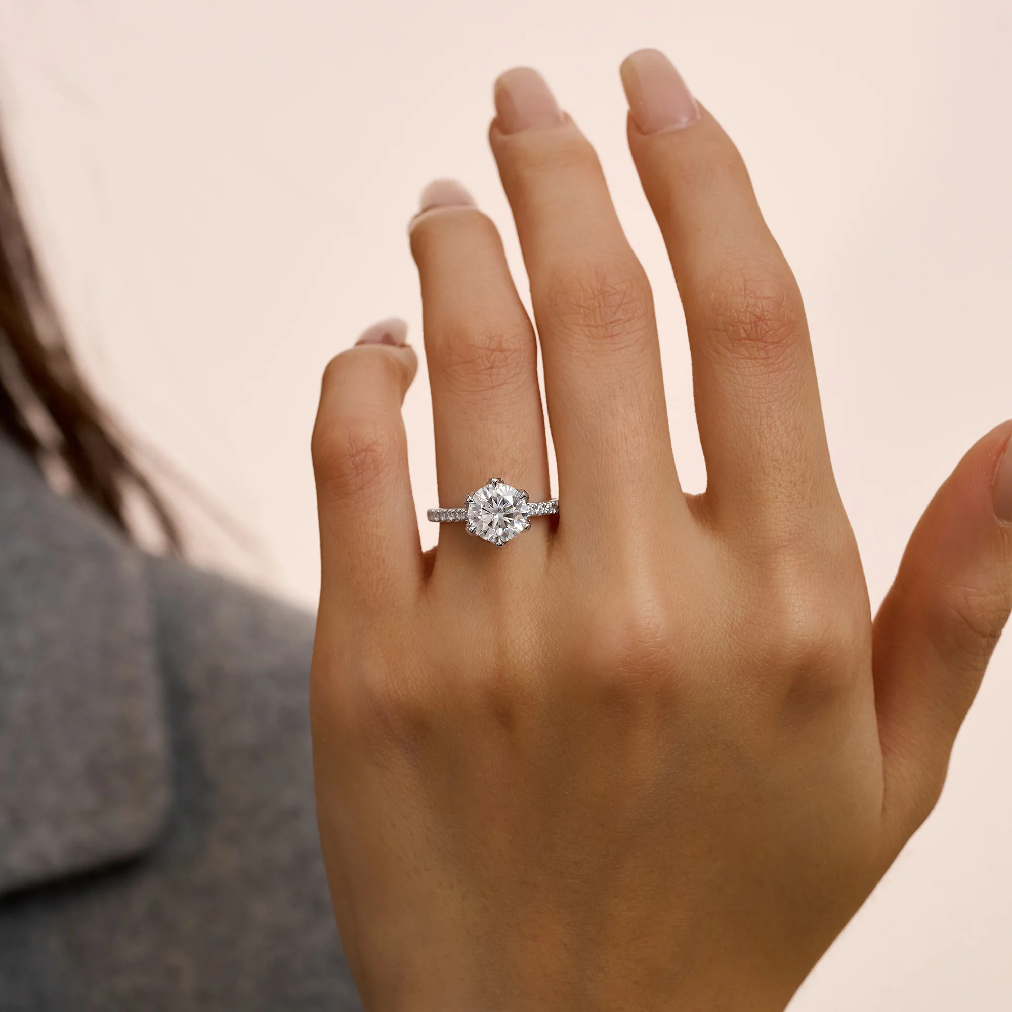 Round Moissanite Accents Engagement Ring With Eternity Pave Band - Image 11