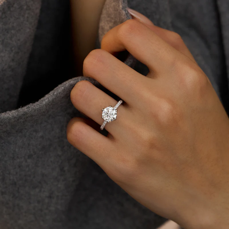 Round Moissanite Accents Engagement Ring With Eternity Pave Band - Image 12