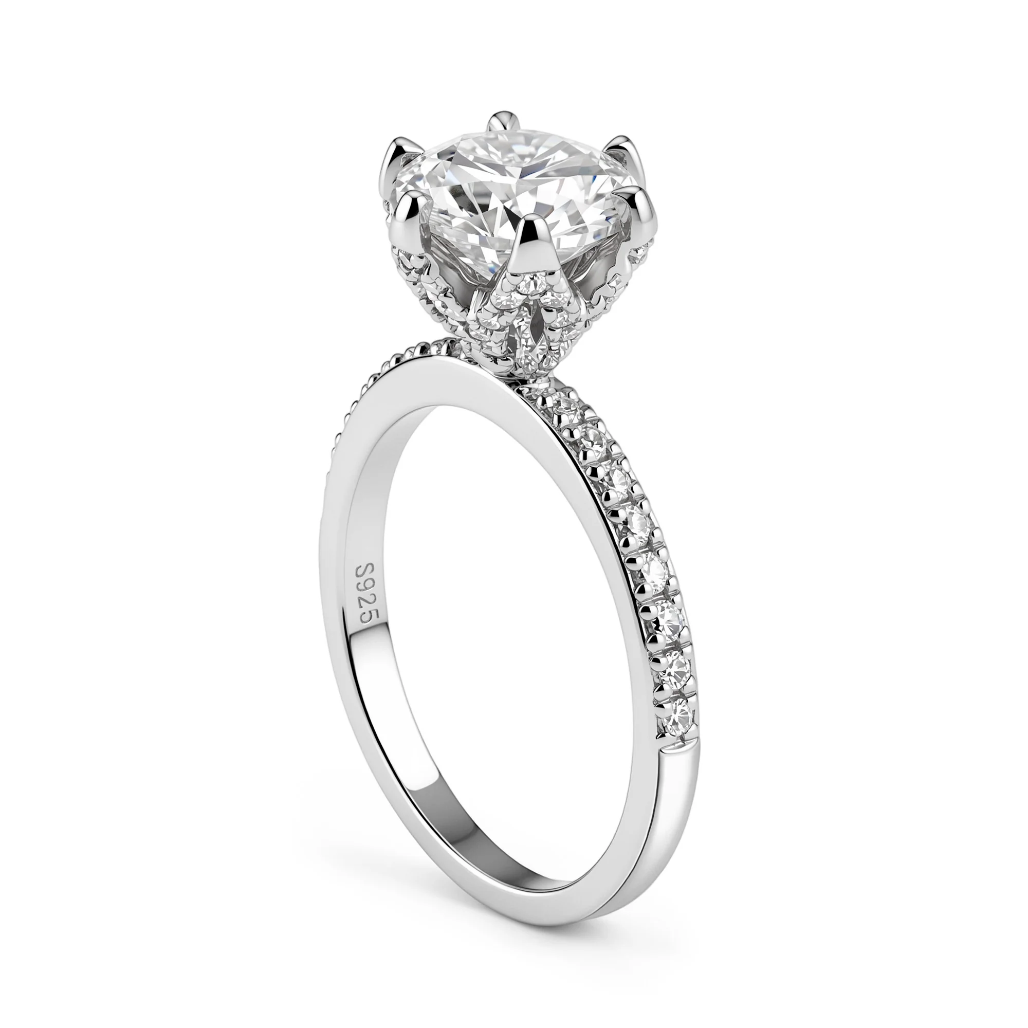 Round Moissanite Accents Engagement Ring With Eternity Pave Band - Image 2