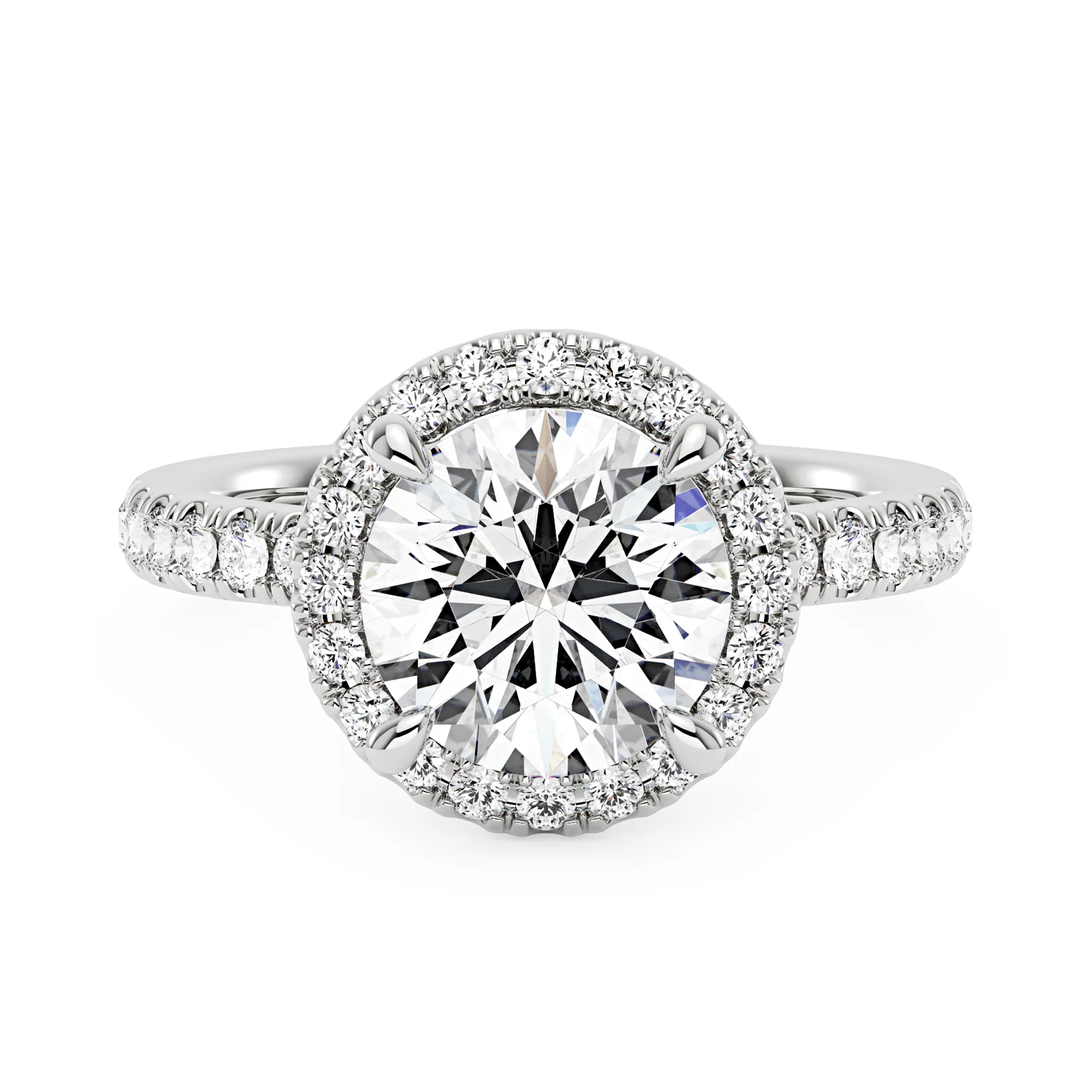 Round Moissanite Halo Engagement Ring With Pave Band