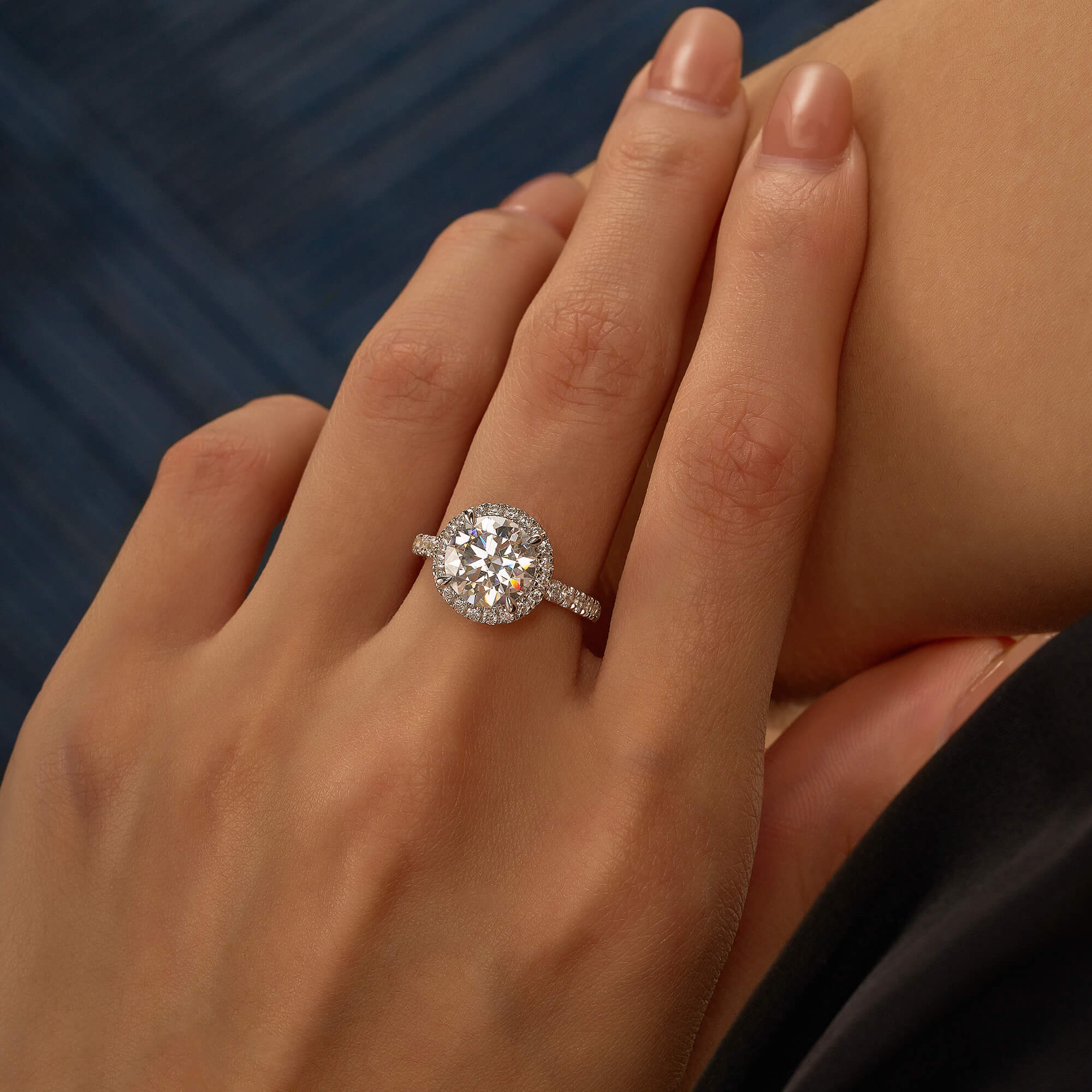 Round Moissanite Halo Engagement Ring With Pave Band - Image 11