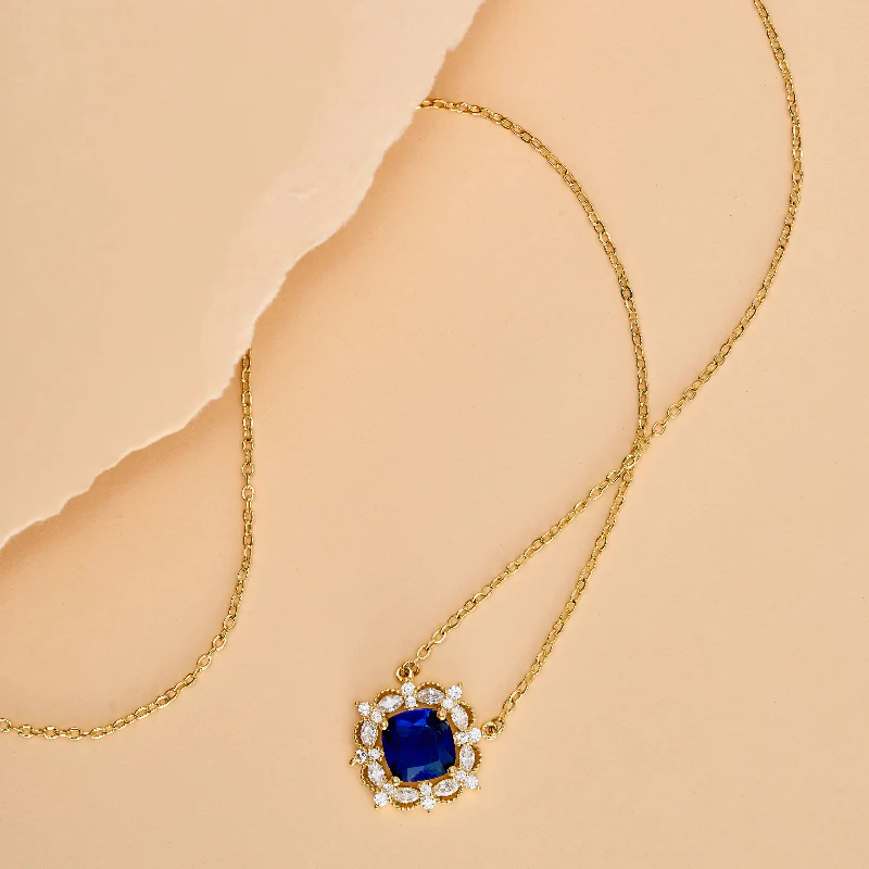 Royal Blue Sapphire Round With Halo Style Pendant Necklace - Image 6