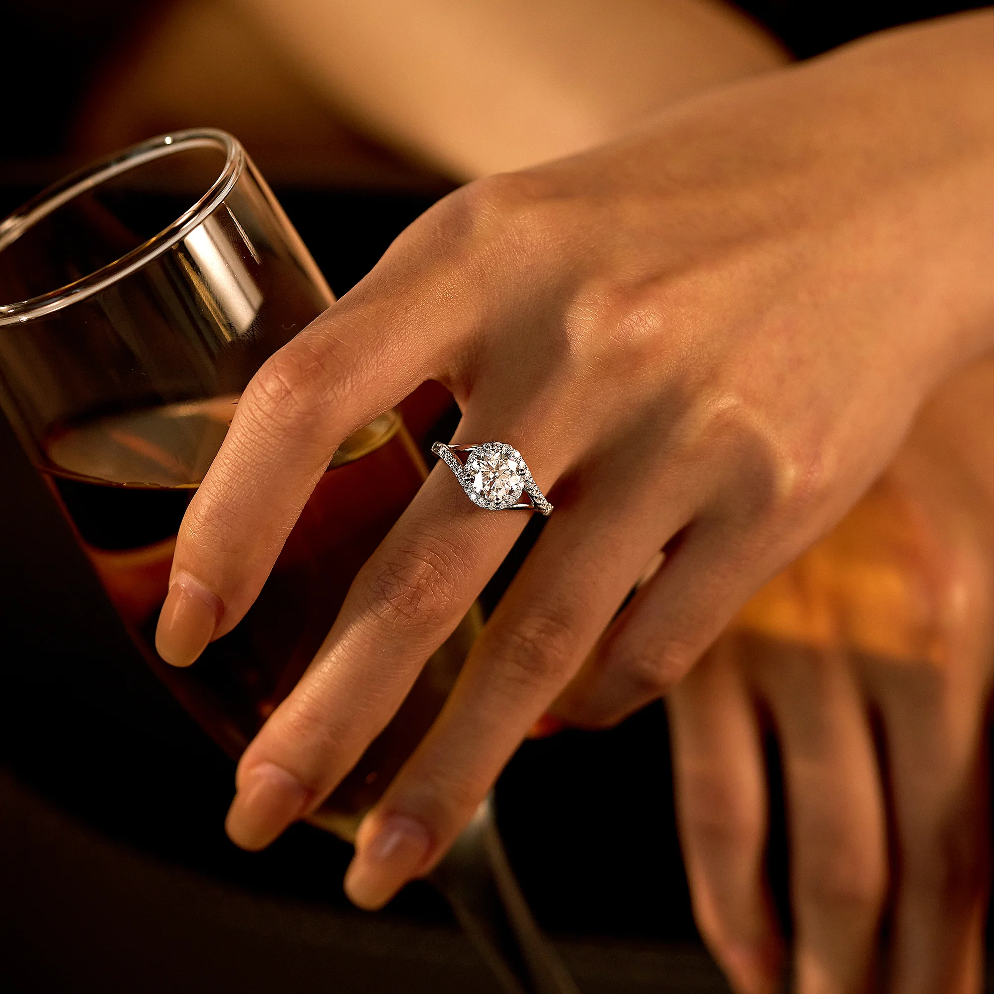 Starlight Halo Moissanite Ring with Twist Pavé Band - Image 15