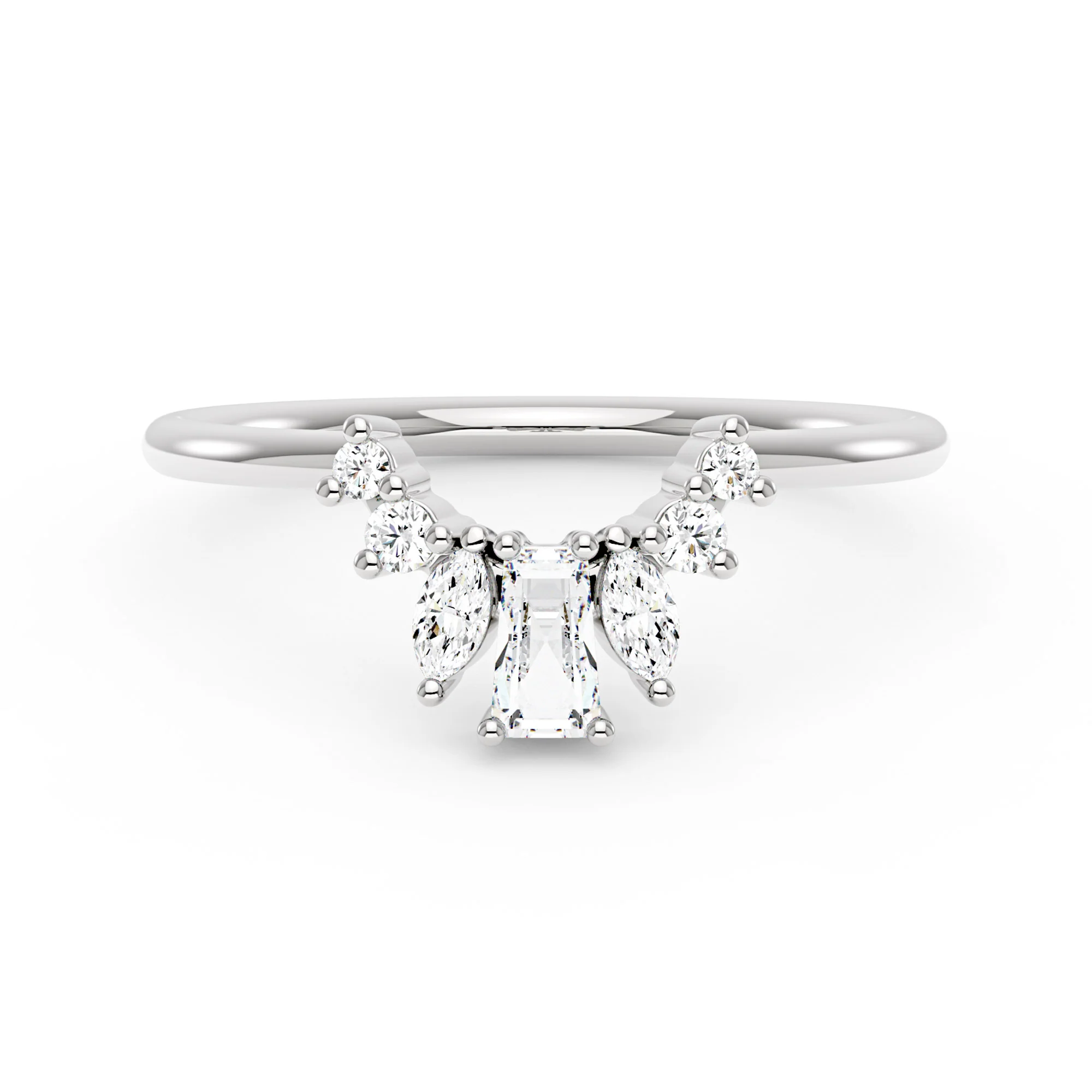 Tapered Baguette Marquise Round Moissanite Curved Band
