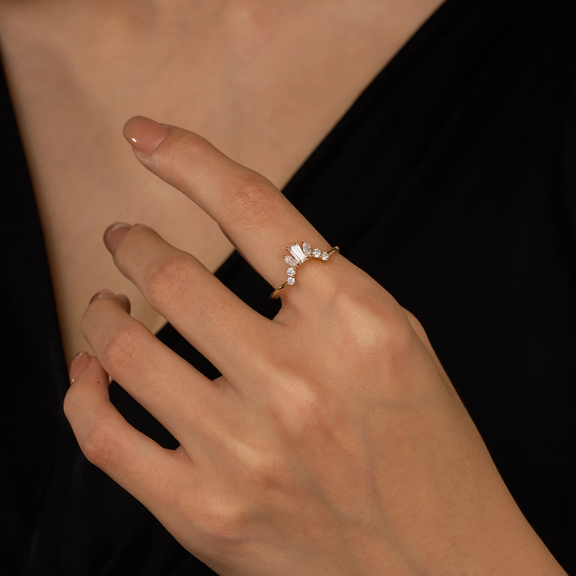 Tapered Baguette Marquise Round Moissanite Curved Band - Image 10