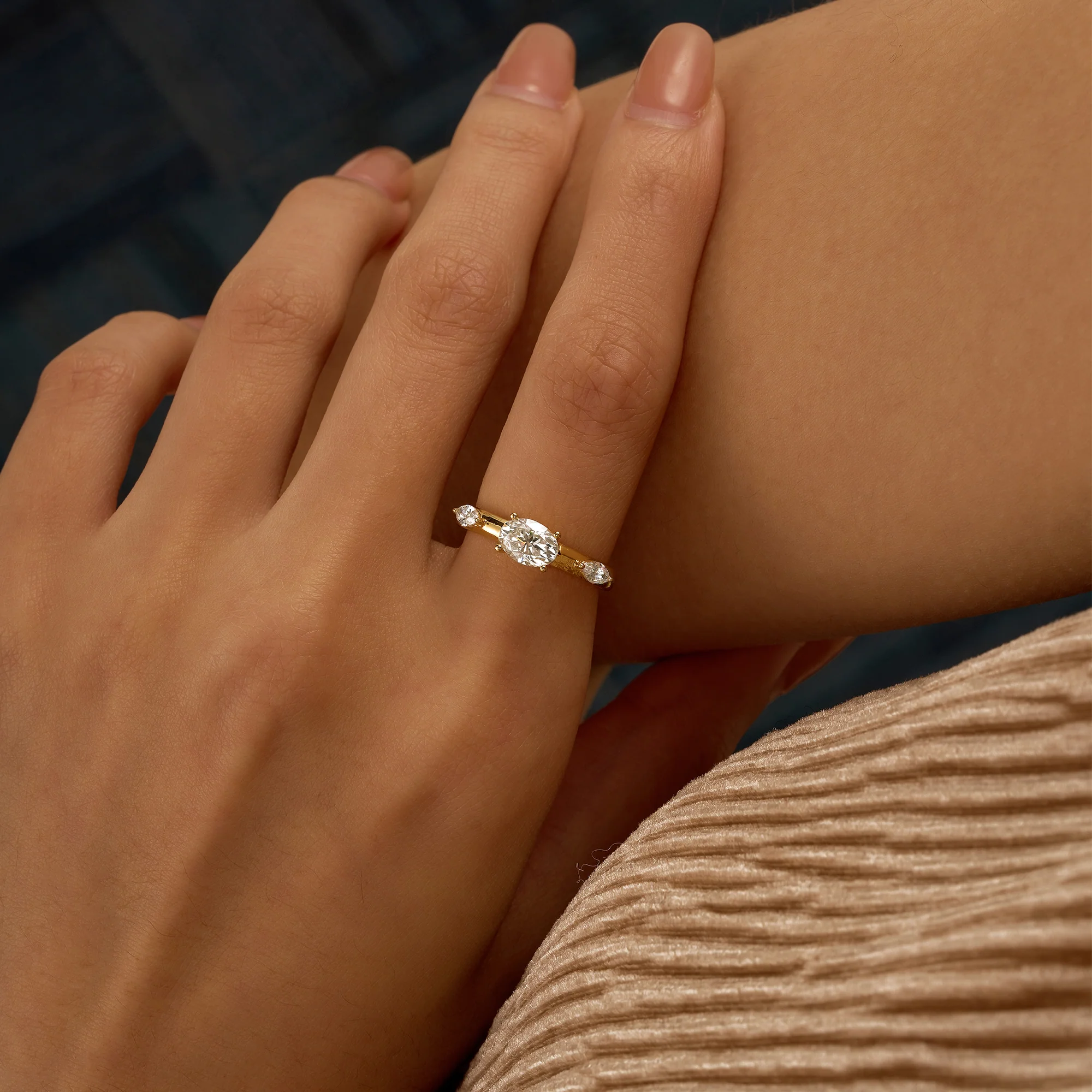 Modern Romance Oval Marquise Moissanite Trilogy Ring - Image 12