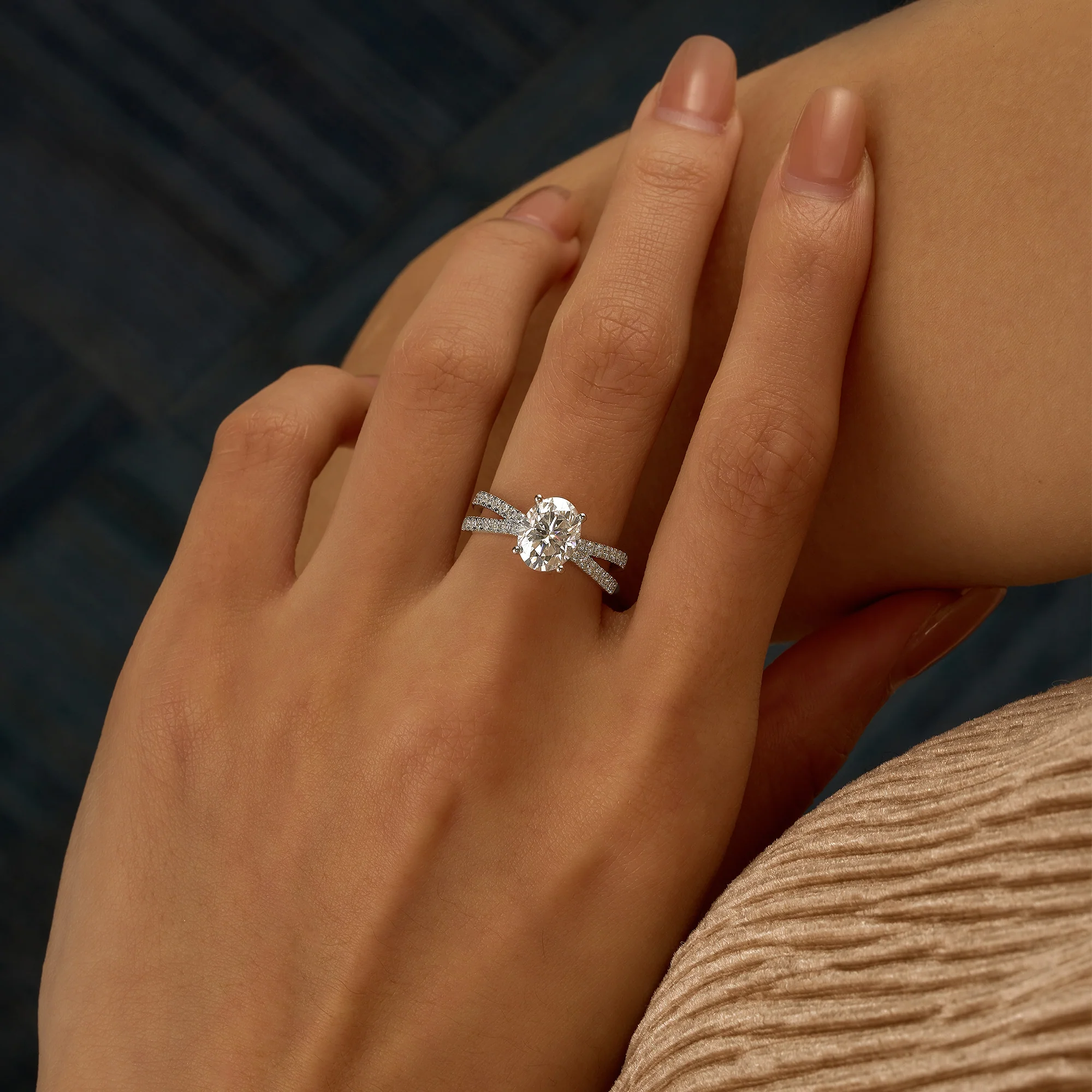 Oval Moissanite Engagement Ring with Crossover Pavé Band - Image 11