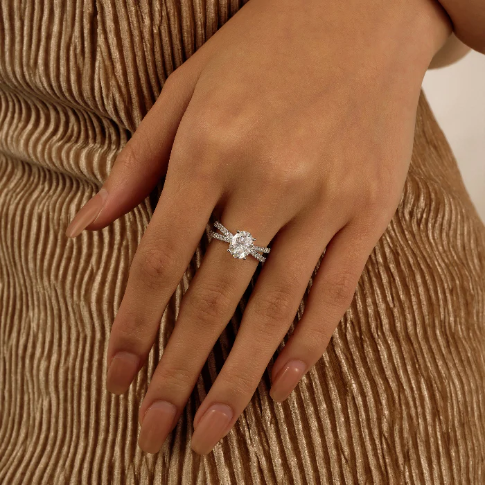 Oval Moissanite Engagement Ring with Crossover Pavé Band - Image 13