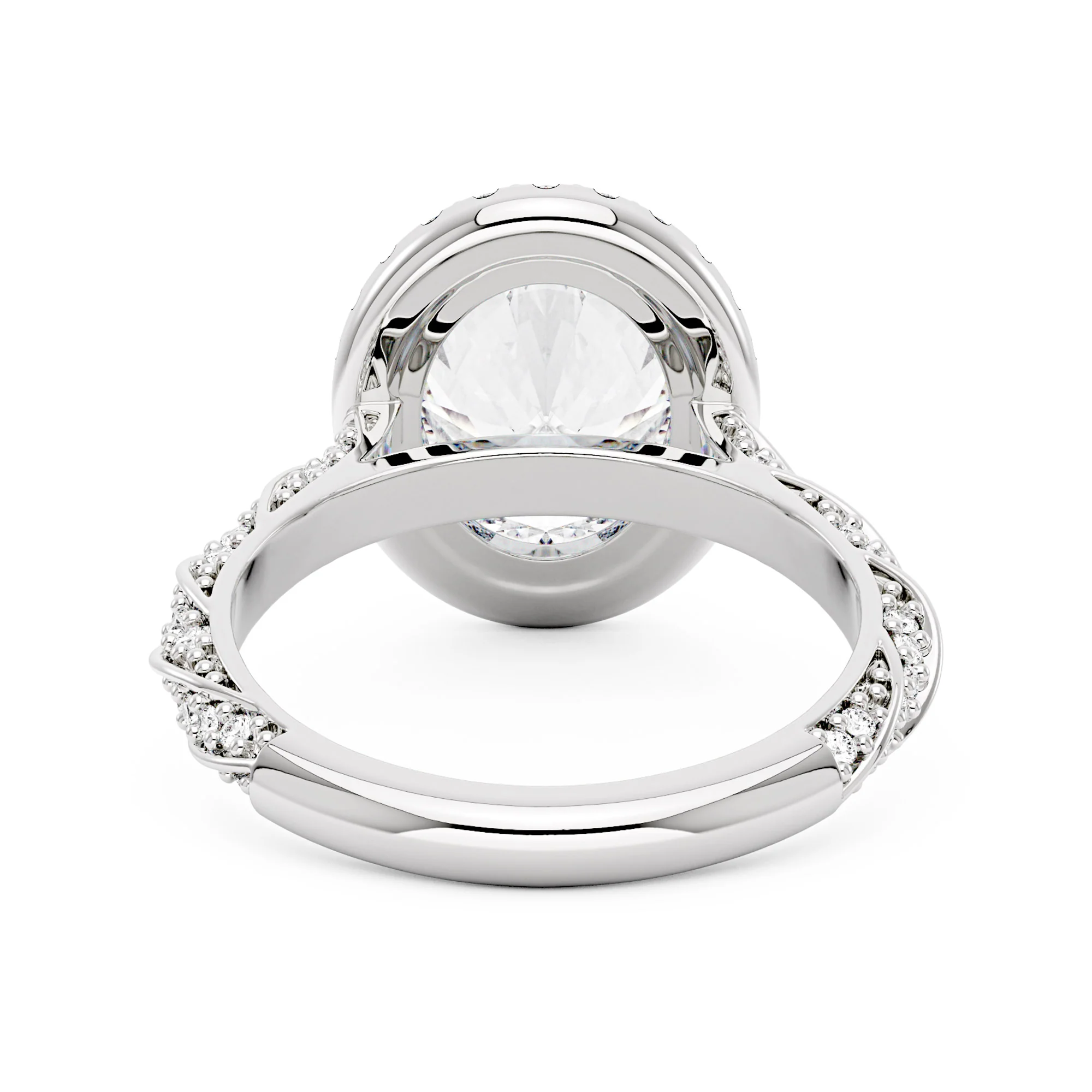 Oval Halo Moissanite Engagement Ring with Twisted Pavé Band - Image 3